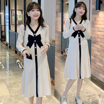 Pregnant women small fragrant wind dress autumn fashion temperament V collar bow thin belly cover work professional base skirt