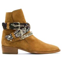 High Street Waist Flowers Amiri Chelsea Boots Pointed Martin Boots Man Personality Cowboy Genuine Leather Buckle Short Boot Chain