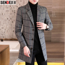 Woolen coat mens autumn and winter Korean slim plaid woolen jacket mens windbreaker middle-length youth leisure tide