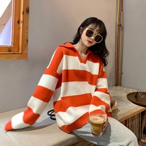Polo collar striped sweater female 2021 Spring and Autumn New Korean lazy wind Joker casual loose color knit sweater