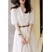 First love white lace dress womens 2021 new fashion womens summer hollow French super fairy sweet skirt
