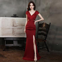 High-end banquet wedding evening dress female 2021 new temperament red fishtail summer bride toast dress