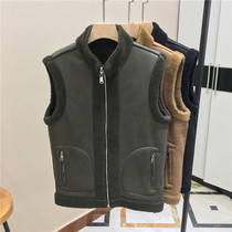 Leather and hair one vest mens trend autumn and winter youth fashion plus velvet vest Korean version sleeveless stand neck coat mens clothing