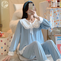 Pajamas womens spring and autumn and summer new cotton long-sleeved trousers large size womens cute and sweet solid color home dress set