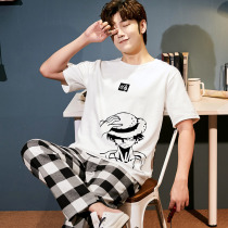 Pajamas mens summer short-sleeved trousers pure cotton teen junior high school students thin summer mens large size home wear suit