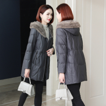 Sheep leather down jacket womens long 2021 Winter new Haining leather fur mink hooded waist thick leather clothing