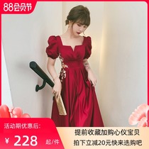 Satin toast dress bride 2021 new summer wine red engagement dress can usually wear a dress small man