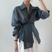  2021 summer new Korean chic design sense top tide ins super fire irregular lace-up lapel shirt women