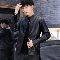 Spring and autumn leather mens small stand-up collar fashion trend simulation leather gown zipper short motorcycle suit leather jacket