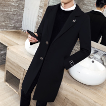 Woolen coat men's new autumn and winter Korean version of long coat black trend boys slim woolen coat