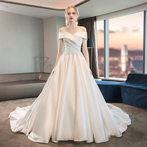 Satin main wedding dress 2021 new word shoulder temperament bride wedding thin court princess long tail girl