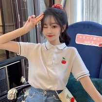 Net red ins Korean College sweet and soft girl wind short sleeve T-shirt female new design sense Polo collar cherry top summer