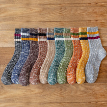 Socks mens socks cotton bottom autumn and winter mens stockings Japanese retro two-bar anti-odor thick warm ins tide
