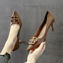 Fan-style Little High heel Shoe woman 2022 Spring summer new fine heel pointed 100 Lapped Temperament Card Its Color Square Buttoned Single Shoes
