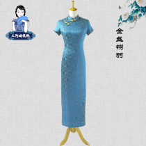  Aunt Wang cheongsam new peacock blue heavy silk long dress temperament Chinese style retro mulberry silk