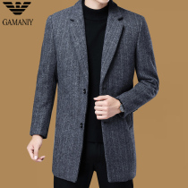 Chiamania mens wool woolen coat youth long autumn and winter Korean striped casual jacket men