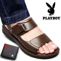 Playboy mens sandals leather 2020 Summer new cowhide casual beach non-slip soft bottom cool for two