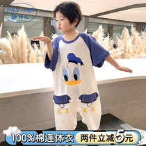 One-piece pajamas for boys summer air conditioning anti-kick pure cotton small boy baby middle and large childrens jumpsuit home clothes thin section