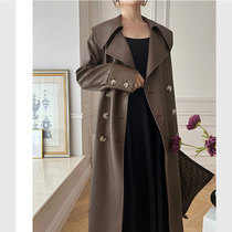 Brown over-the-knee long trench coat womens high-end goddess fan retro double-breasted modern British style fur coat