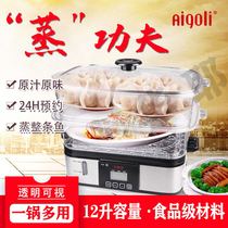 Aigley rectangular double-layer multifunctional household steamer timing electronic transparent super large capacity steamed fish electric steamer
