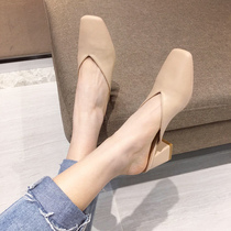 2021 spring and summer Baotou retro small square head naked shoes womens shoes wear Muller high heel V mouth simple joker half slippers
