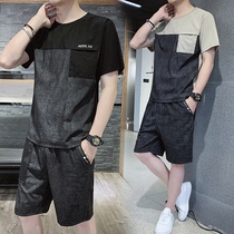 Short sleeve T-shirt male summer casual shorts ice silk suit trendy mens ruffling and handsome set of matching loose clothing
