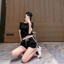 Casual sports suit pants womens 2021 new summer round neck short sleeve T-shirt hot girls elastic shorts hot girls two-piece set