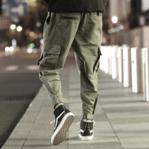Tide brand overalls mens bunches feet 2021 autumn and winter plus velvet loose trend Joker casual Harlem pants nine-point long pants