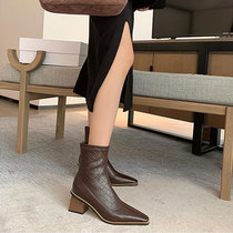 Sycamore big tree good-looking Korean square head stretch booties 2021 winter thick-heeled socks boots skinny boots Martin boots
