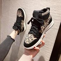 Tide brand leather casual womens shoes 2021 autumn high-top cotton shoes Korean version of BAO WEN Joker thick soles Sports Board Shoes