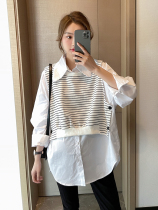 2022 New boomers shirt design feeling small crowdThe two gestational surrogates Korean version Loose Stripes Early Spring Blouses