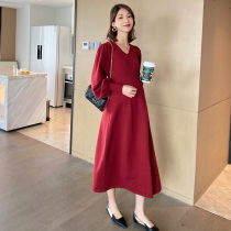 Pregnant women dress spring and autumn 2021 New Tide mother knitted New year red skirt lantern sleeve maternity wear autumn and winter