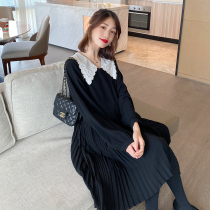Maternity dress spring and autumn 2021 new dress fashion lapel skirt pleated fan skirt tide mom Autumn suit