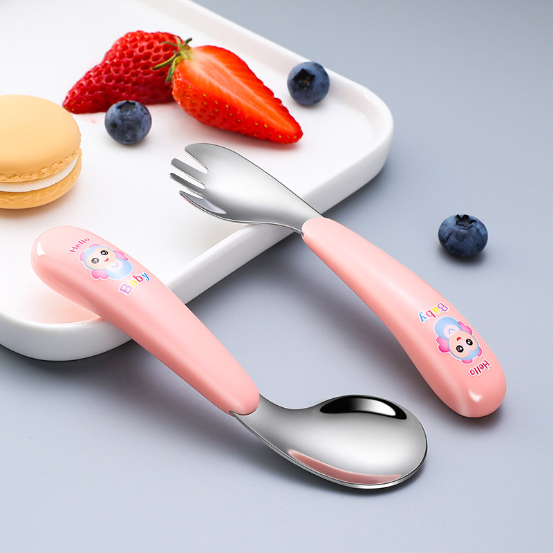 Childrens spoon fork set bending learn to eat training spoon one-year-old 304 stainless steel creative cute cartoon