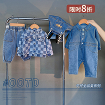  Chen Da pig L mother male baby denim one-piece spring and autumn childrens baby romper bib long-sleeved Western style tide