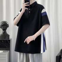 Pop mens T-shirt 2021 new stitching loose lapel personality polo shirt mens short-sleeved fashion thin half-sleeve