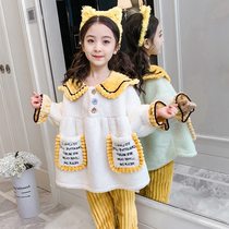 Korean girls pajamas coral velvet childrens foreign style thickened flannel autumn and winter clothes home clothing Zhongdai two-piece set