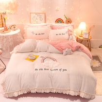 Winter white milk velvet four-piece plus velvet warm bed podium Crystal velvet flannel quilt cover bed Princess style