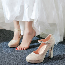 Waterproof table high heels female rough wedding shoes 2021 New crystal wedding shoes wedding shoes red bridal shoes