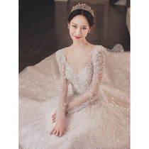 French main wedding dress 2021 new bride high-end atmosphere luxury starry sky heavy industry tailing Palace wind long sleeve autumn