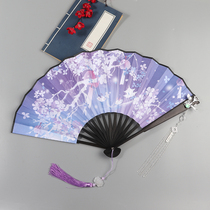 Cherry Blossom Fan Female Style Ancient Wind Fold Fan China Wind Hanfu Accessories Folding Fan Nine Inch Bifacial Fairy Crane Silk Cloth Fan