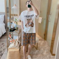 Pajamas mens summer short-sleeved cotton thin shorts Casual plaid 200 pounds large size home clothes student suit