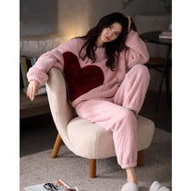  Plush little cute~Coral velvet pajamas womens winter long-sleeved thickened warm lamb velvet girl sweet two-piece set