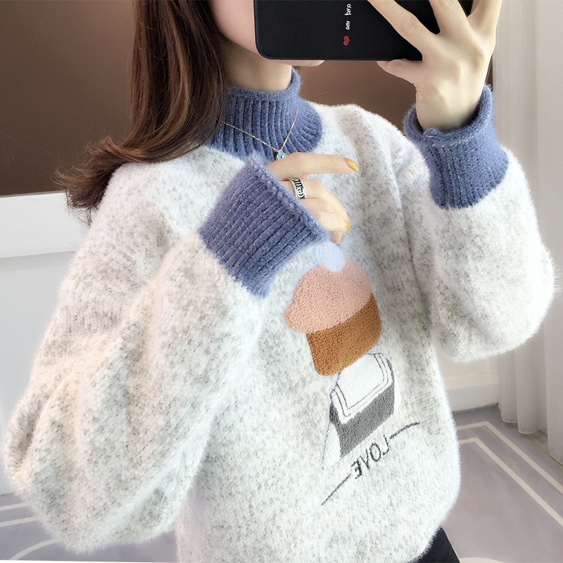 Mink Fleece Sweater Women's Loose Fit 2023 Autumn/Winter New Outwear Slouchy Pullover Student Knitted Underlay Fashion