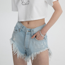 SMFK official stray denim shorts raw edge sweatpants pure cotton high waist thin section straight tube national tide super shorts
