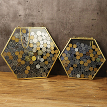 Net red retro hexagonal coin collection glass transparent photo frame hanging wall decoration sample clip pure copper edge picture frame
