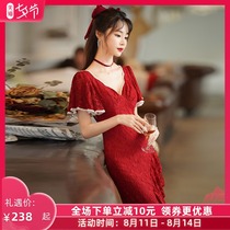Lace toast dress bride 2021 new summer wine red wedding v-neck engagement fishtail dress skirt female tail