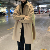 Autumn windbreaker mens long style high-end light ripe mens camel woolen coat loose Ruffian handsome coat Hong Kong style