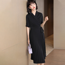  French suit collar dress womens short-sleeved 2021 summer new temperament commuter lace-up waist thin pleated skirt