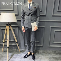 Fried Street gray suit mens suit wedding groom dress slim business dress double-breasted suit three-piece tide